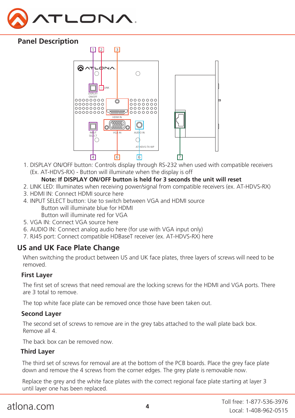 Panel description, Us and uk face plate change, First layer second layer third layer | Atlona ATHDVS TX WP User Manual | Page 4 / 11