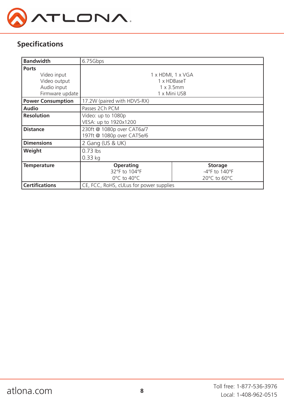 Specifications | Atlona ATHDVS TX WP User Manual | Page 8 / 11