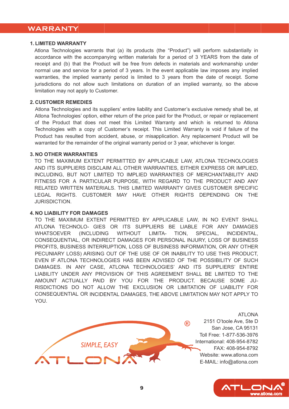 Warr, Ranty | Atlona AT VGA RS300SRS User Manual | Page 11 / 12