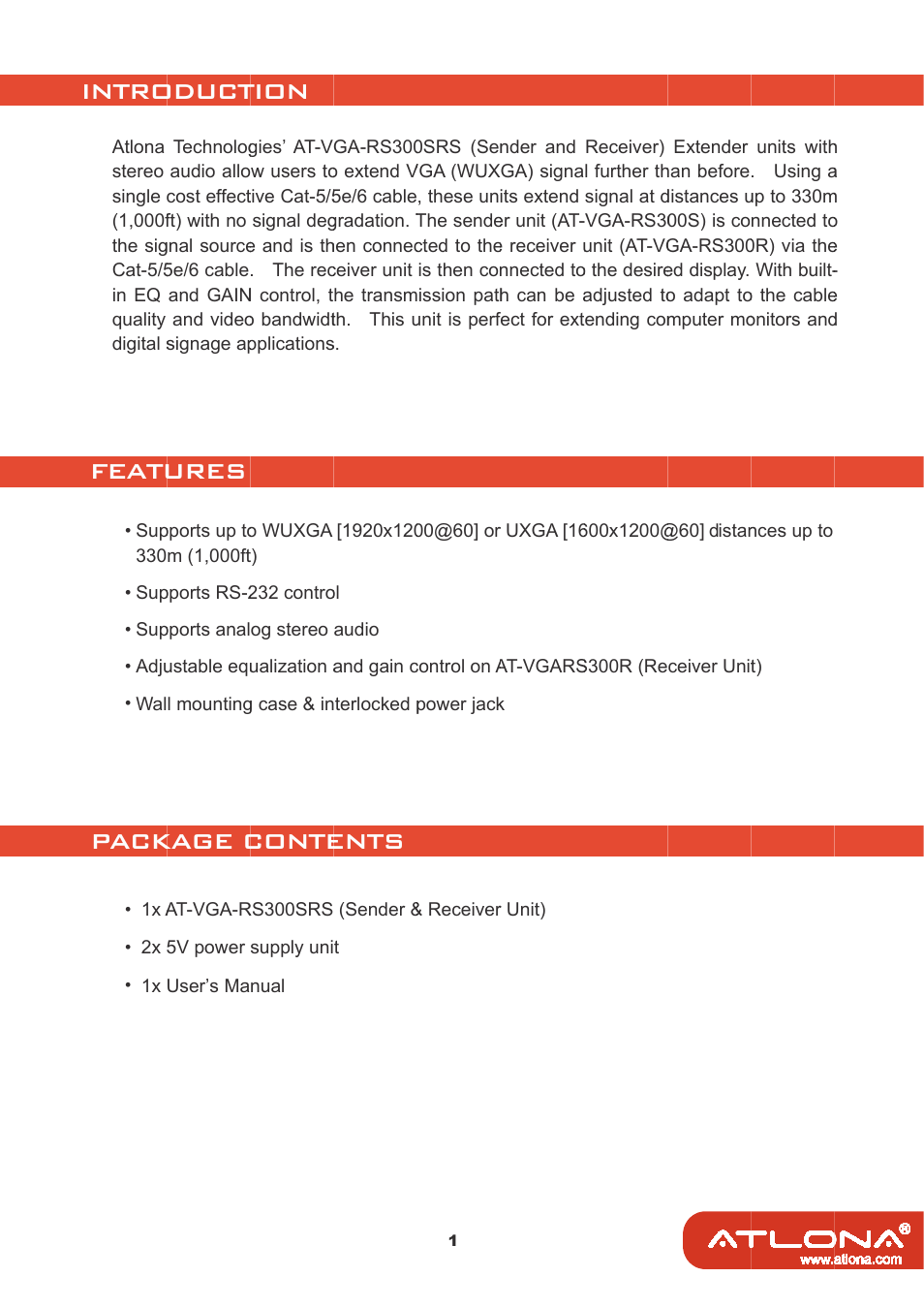 Intro, Featu, Pack | Oduct, Ures, Kage c, Tion, Conte, Ents | Atlona AT VGA RS300SRS User Manual | Page 3 / 12