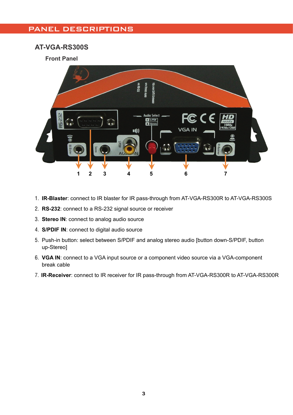 Panel descriptions, At-vga-rs300s | Atlona AT VGA RS300SRS User Manual | Page 5 / 12