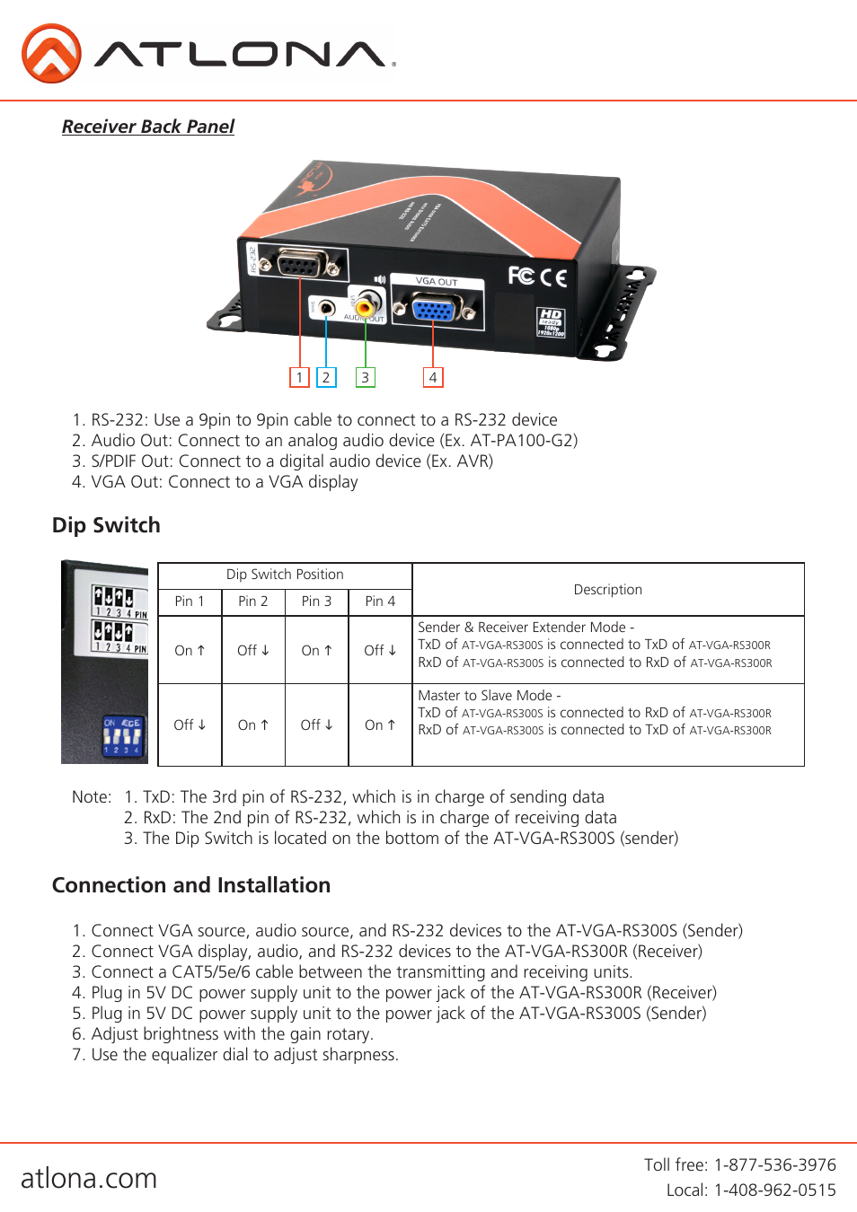 Connection and installation, Dip switch | Atlona AT VGA RS300SRS V3 User Manual | Page 6 / 10