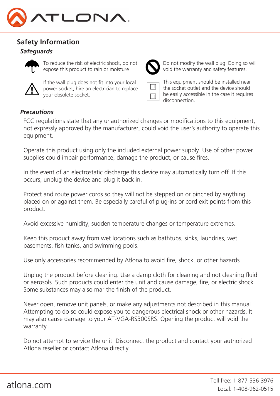 Safety information | Atlona AT VGA RS300SRS V3 User Manual | Page 8 / 10