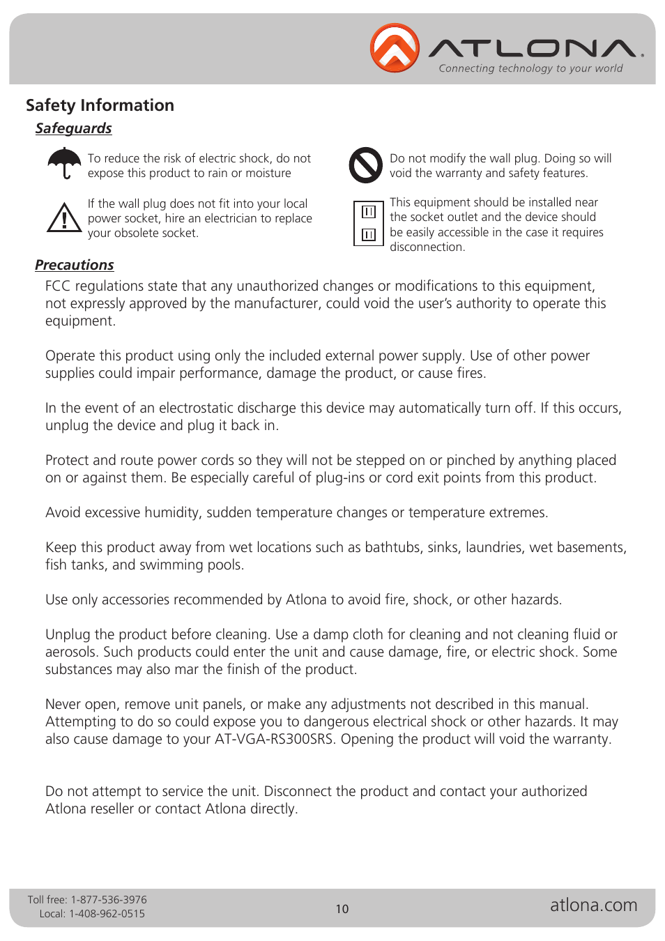 Safety information | Atlona AT VGA RS300SRS V2 User Manual | Page 10 / 12