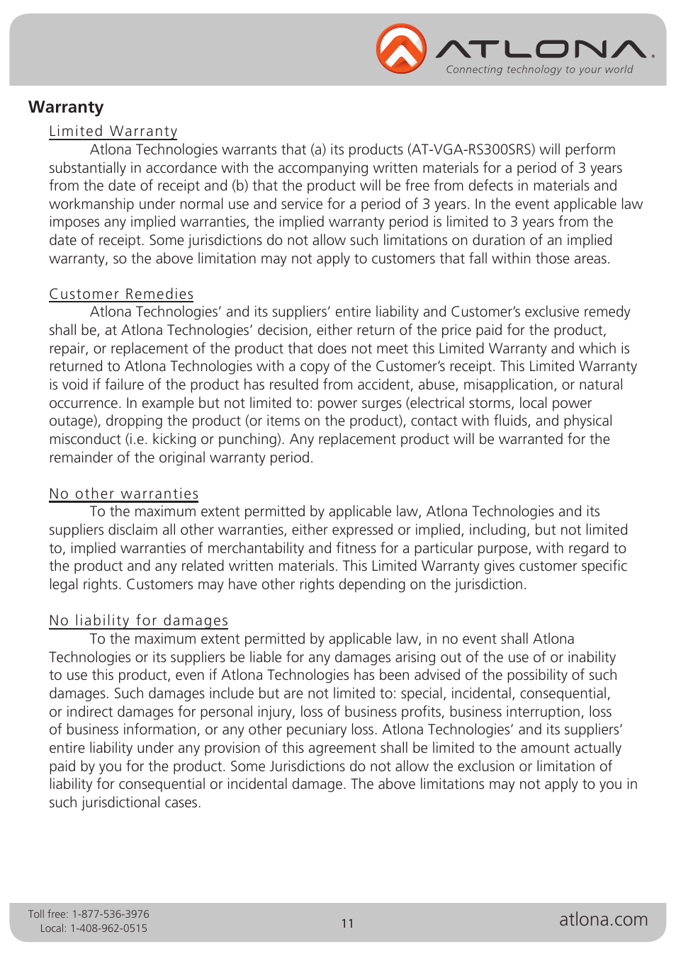 Warranty | Atlona AT VGA RS300SRS V2 User Manual | Page 11 / 12
