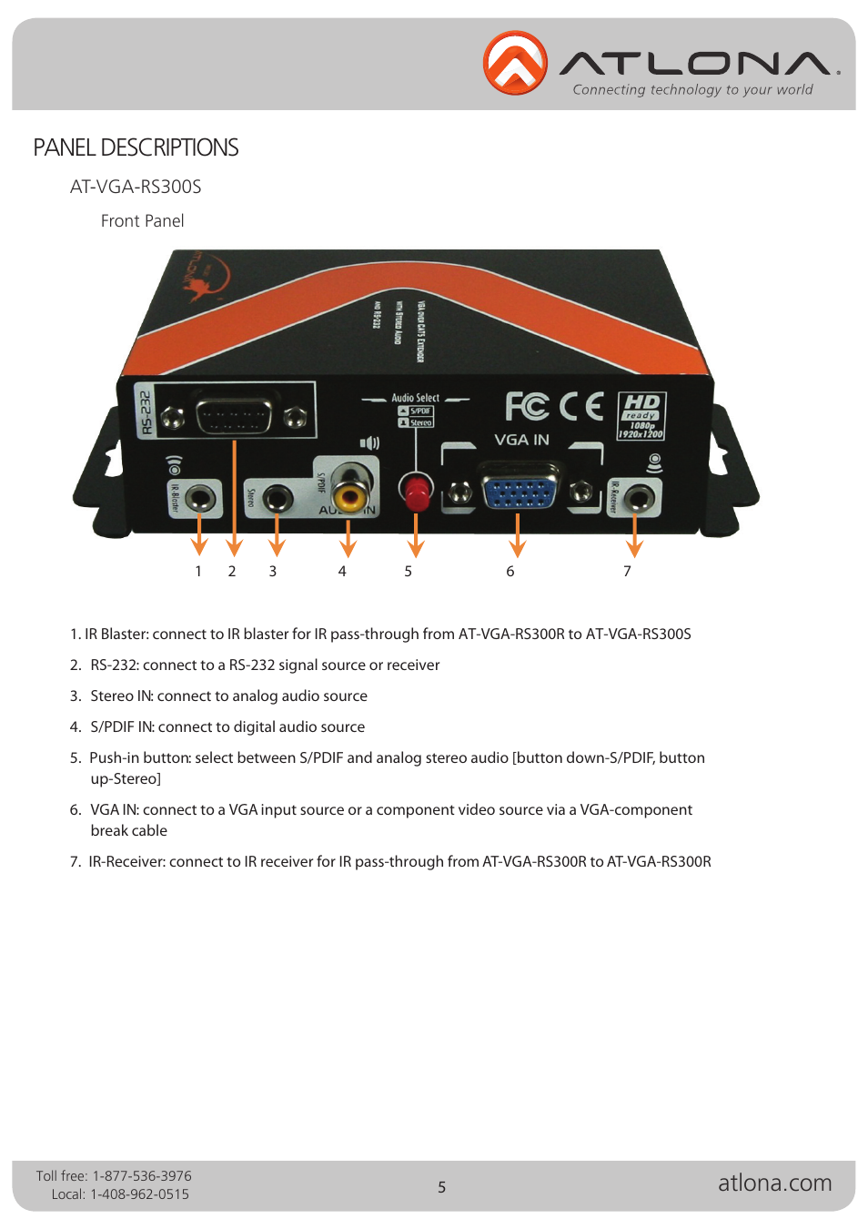 Panel descriptions | Atlona AT VGA RS300SRS V2 User Manual | Page 5 / 12