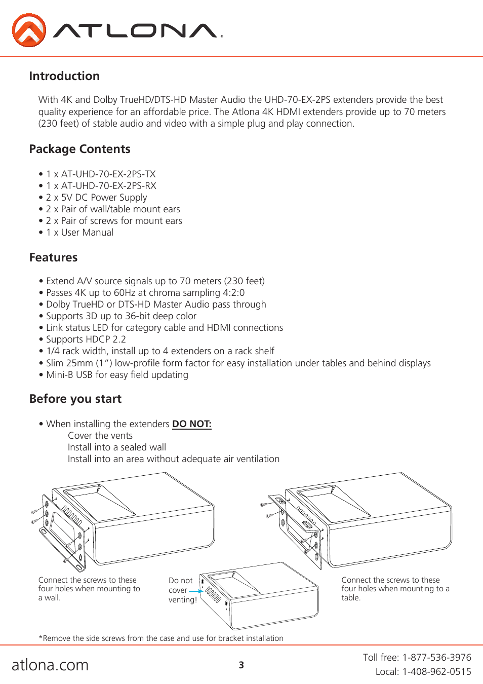 Introduction, Package contents features before you start | Atlona AT UHD EX 70-2PS User Manual | Page 3 / 10