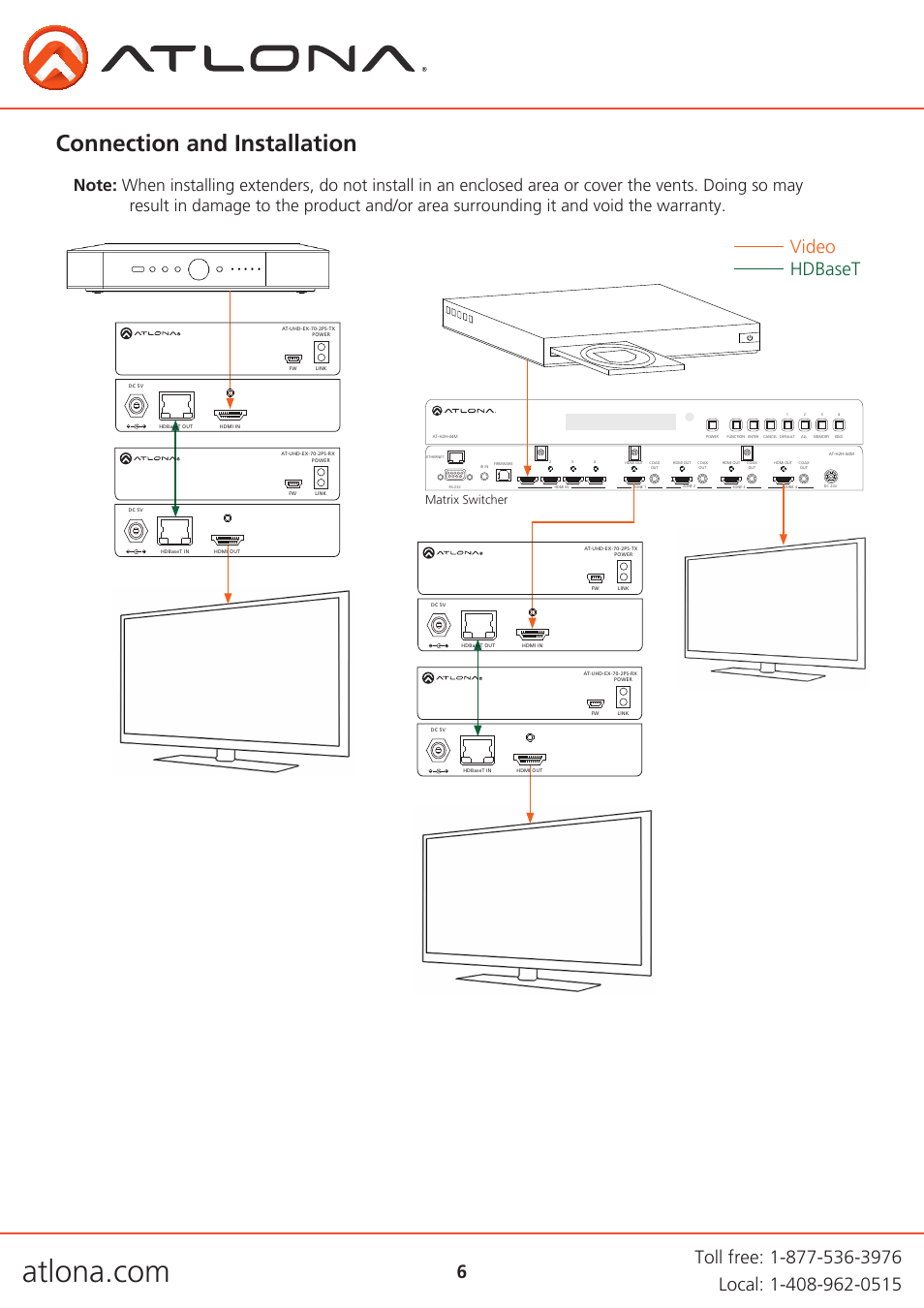 Connection and installation, Video hdbaset, Matrix switcher | Atlona AT UHD EX 70-2PS User Manual | Page 6 / 10