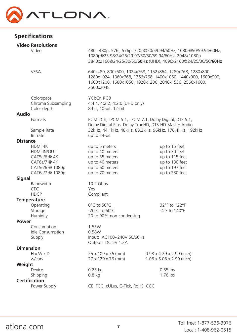 Specifications | Atlona AT UHD EX 70-2PS User Manual | Page 7 / 10