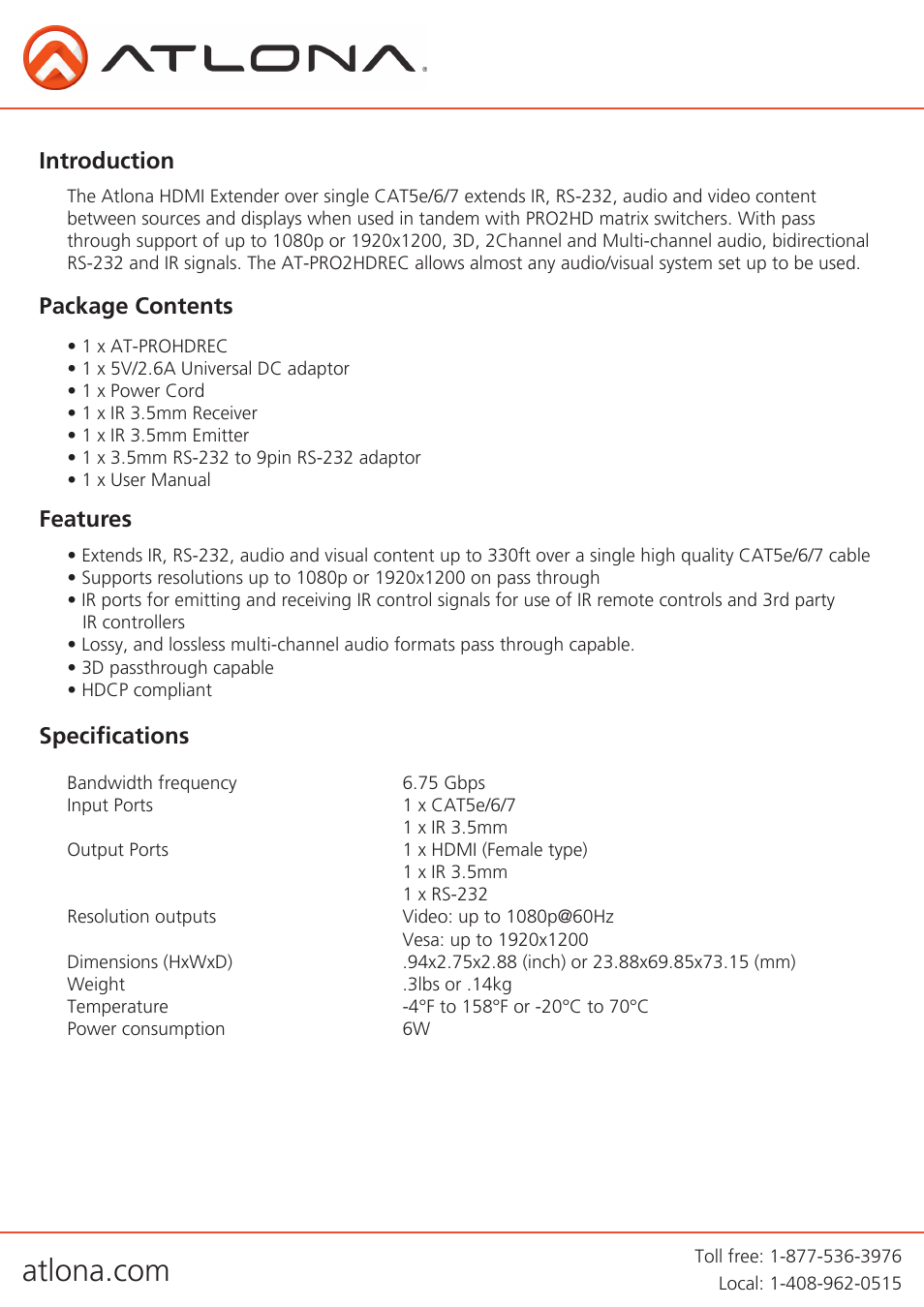 Introduction, Package contents features, Specifications | Atlona AT PRO2HDREC User Manual | Page 3 / 8