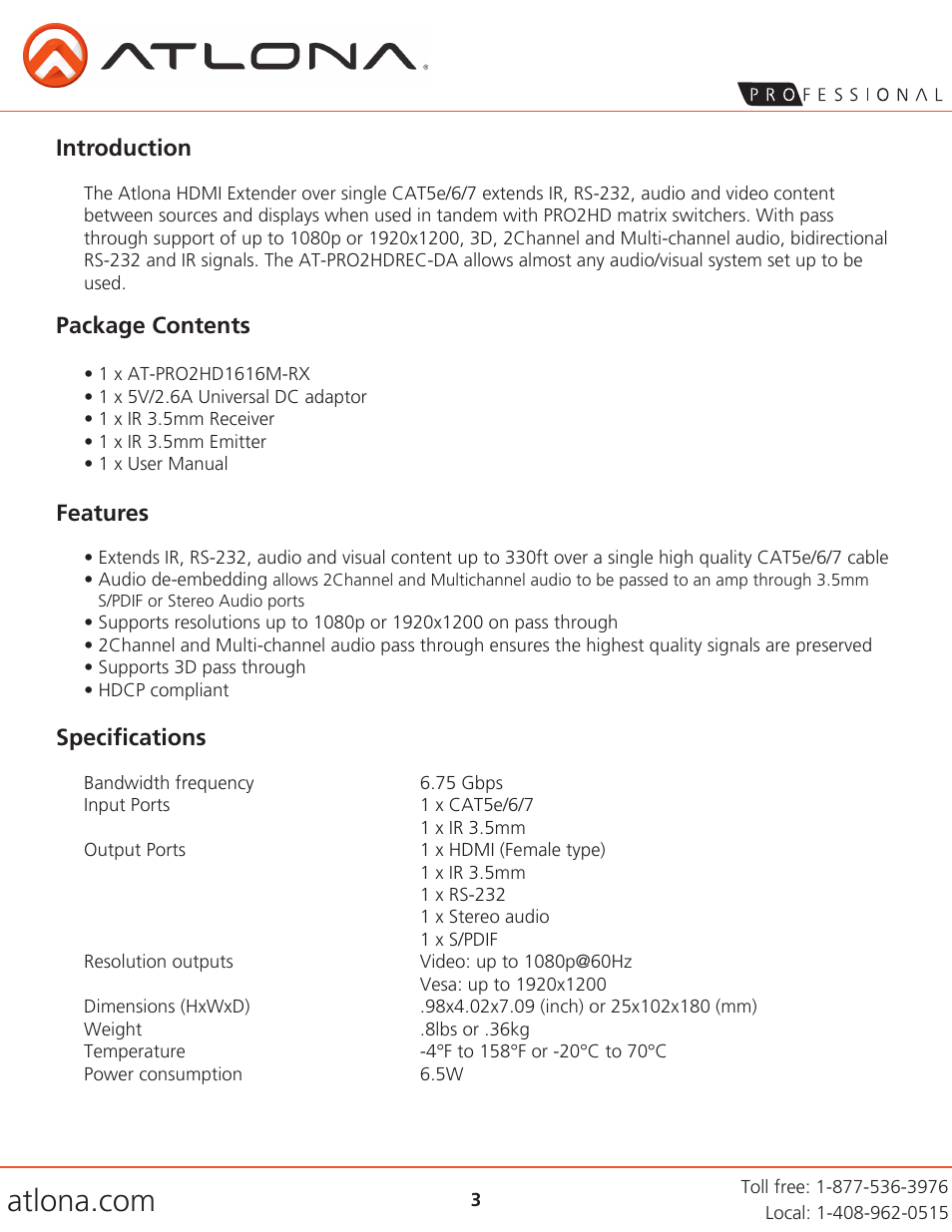 Introduction, Package contents features, Specifications | Atlona AT PRO2HDREC DA User Manual | Page 3 / 8