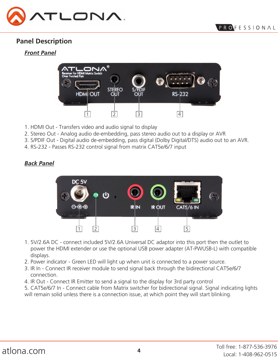 Panel description | Atlona AT PRO2HDREC DA User Manual | Page 4 / 8