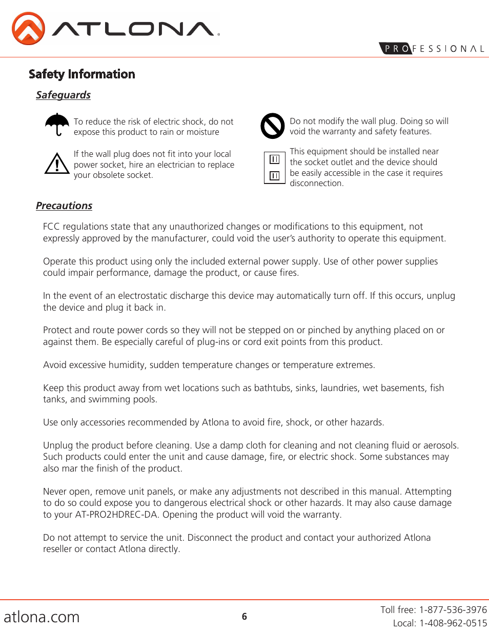 Safety information | Atlona AT PRO2HDREC DA User Manual | Page 6 / 8
