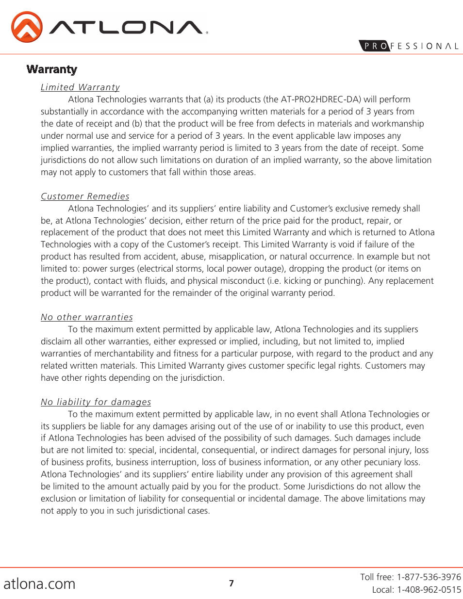 Warranty | Atlona AT PRO2HDREC DA User Manual | Page 7 / 8