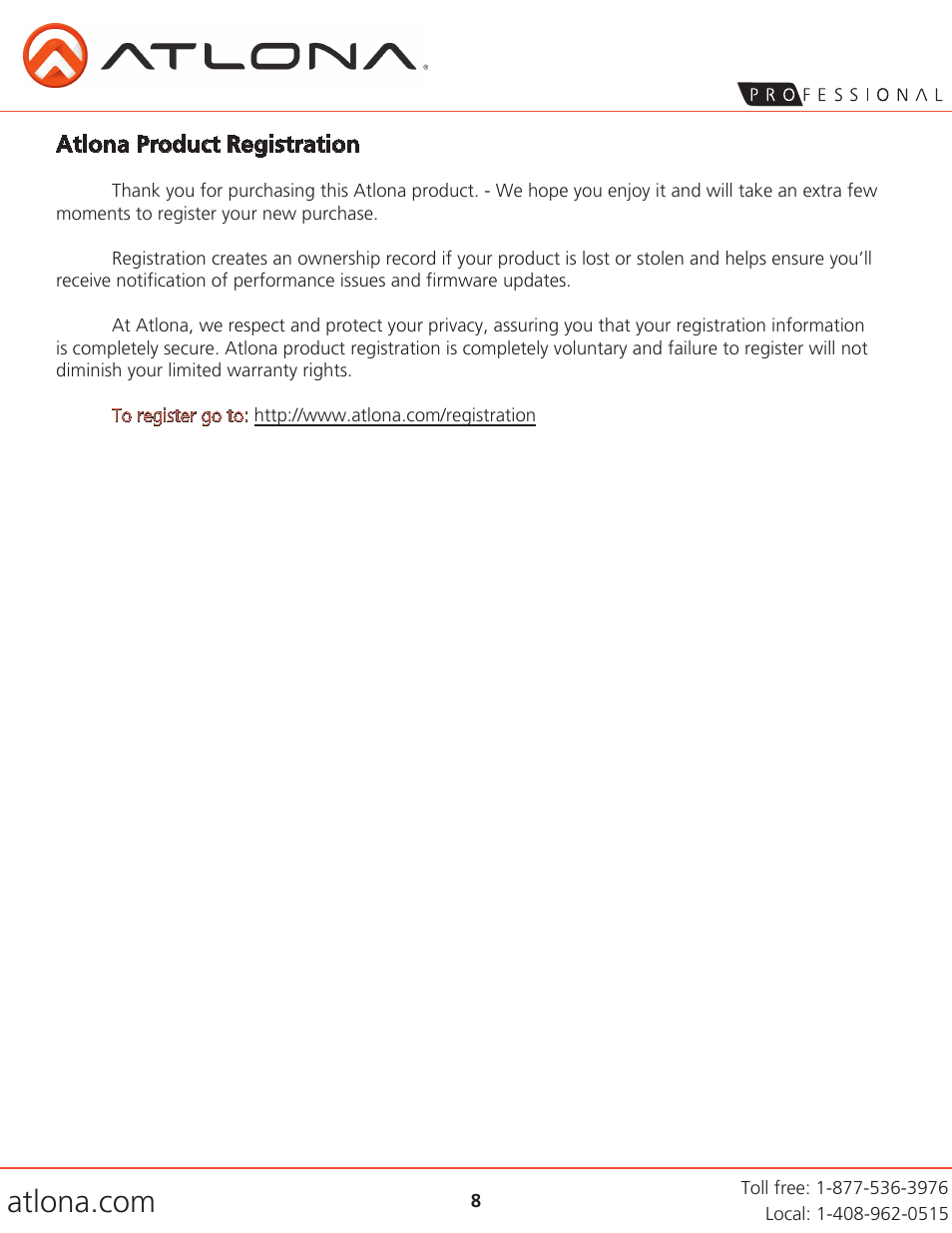Atlona product registration | Atlona AT PRO2HDREC DA User Manual | Page 8 / 8