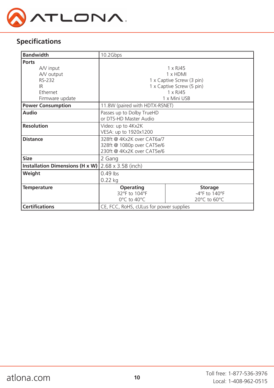 Specifications | Atlona AT HDWP RSNET User Manual | Page 10 / 13