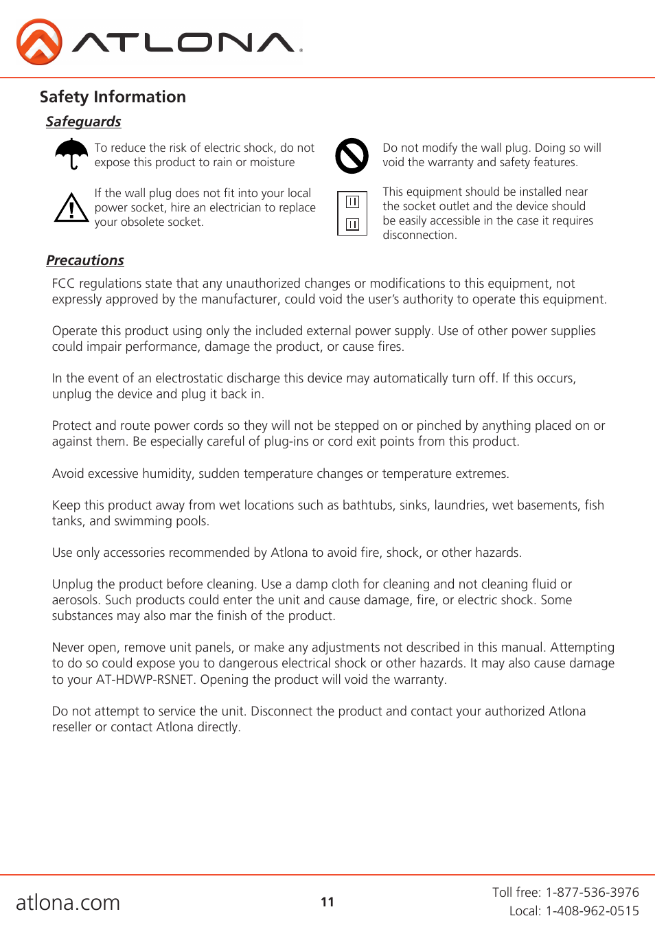 Safety information | Atlona AT HDWP RSNET User Manual | Page 11 / 13