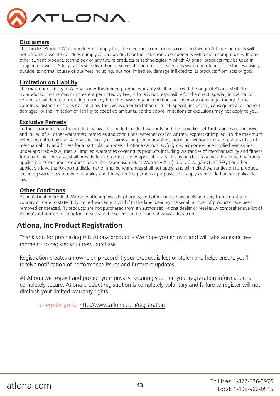 Atlona, inc product registration | Atlona AT HDWP RSNET User Manual | Page 13 / 13