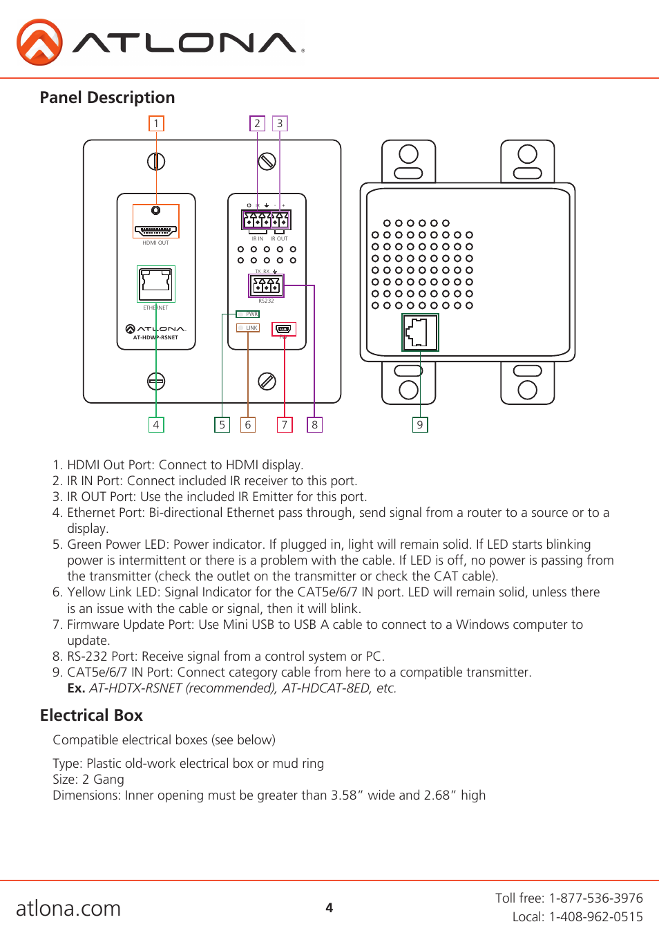 Panel description, Electrical box | Atlona AT HDWP RSNET User Manual | Page 4 / 13