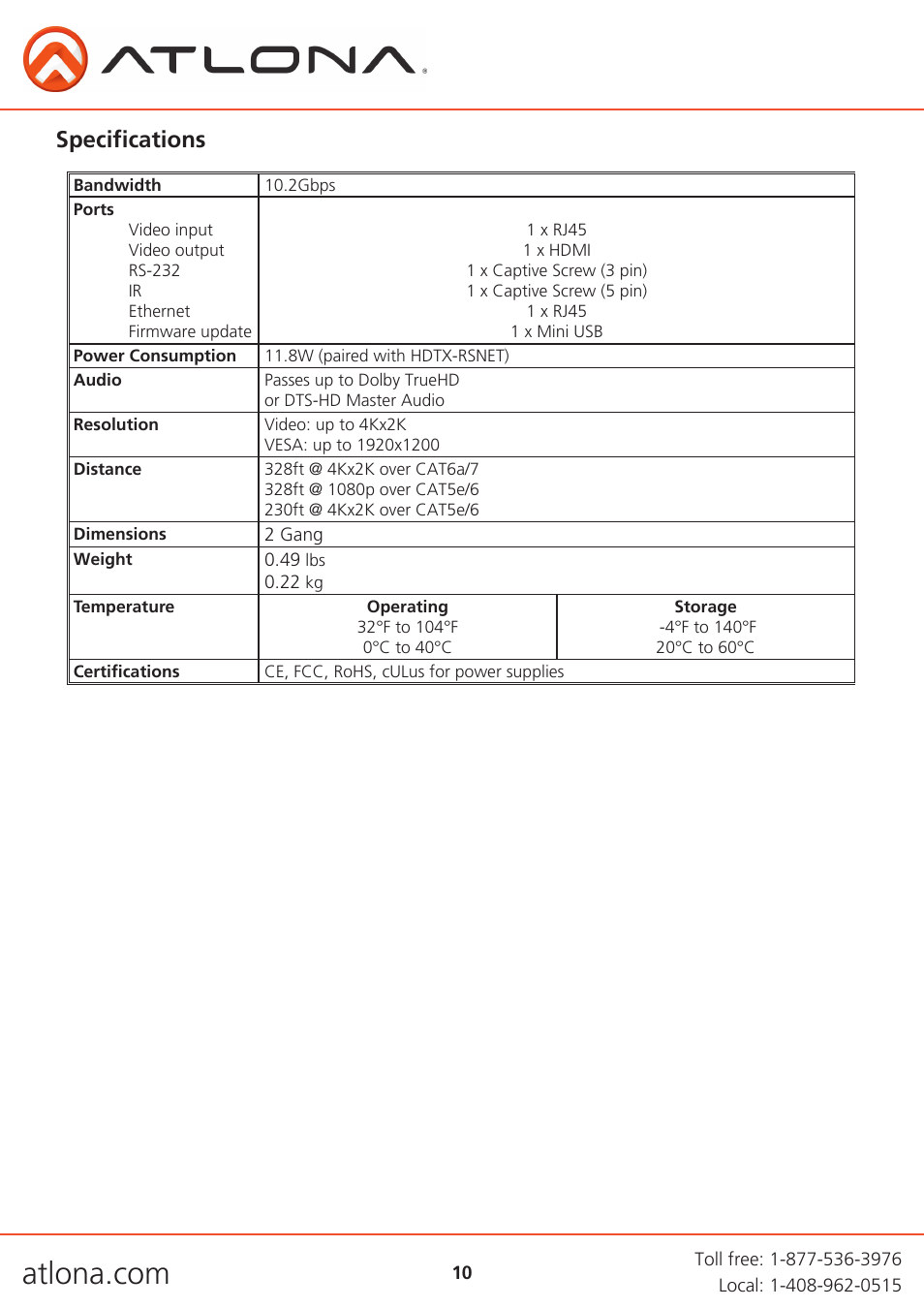 Specifications | Atlona AT HDWP RSNET UK User Manual | Page 10 / 13