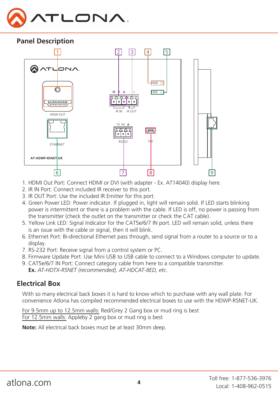Panel description, Electrical box | Atlona AT HDWP RSNET UK User Manual | Page 4 / 13