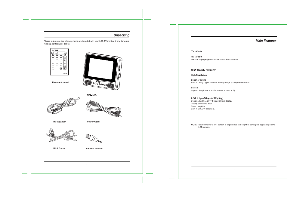 Unpacking, Main features | COBY TF-TV505 User Manual | Page 3 / 10