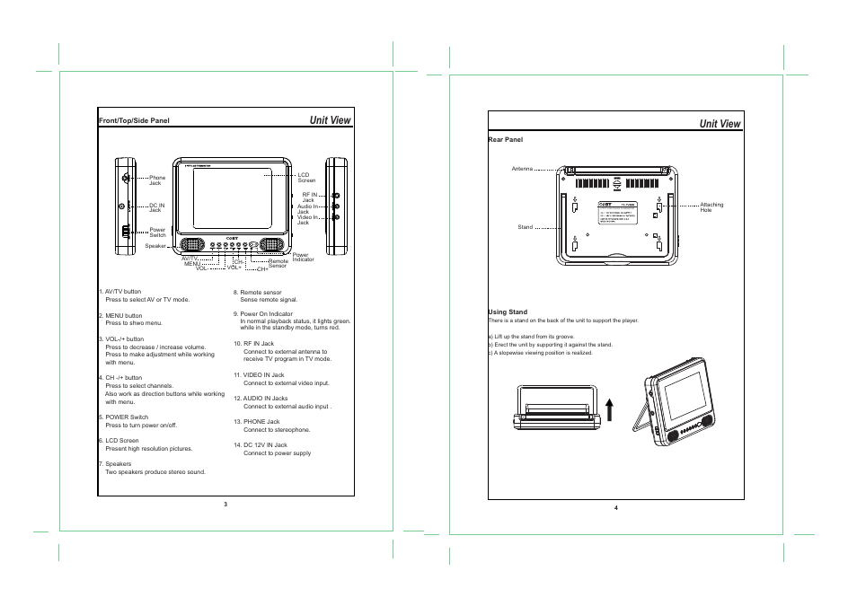 Unit view | COBY TF-TV505 User Manual | Page 4 / 10