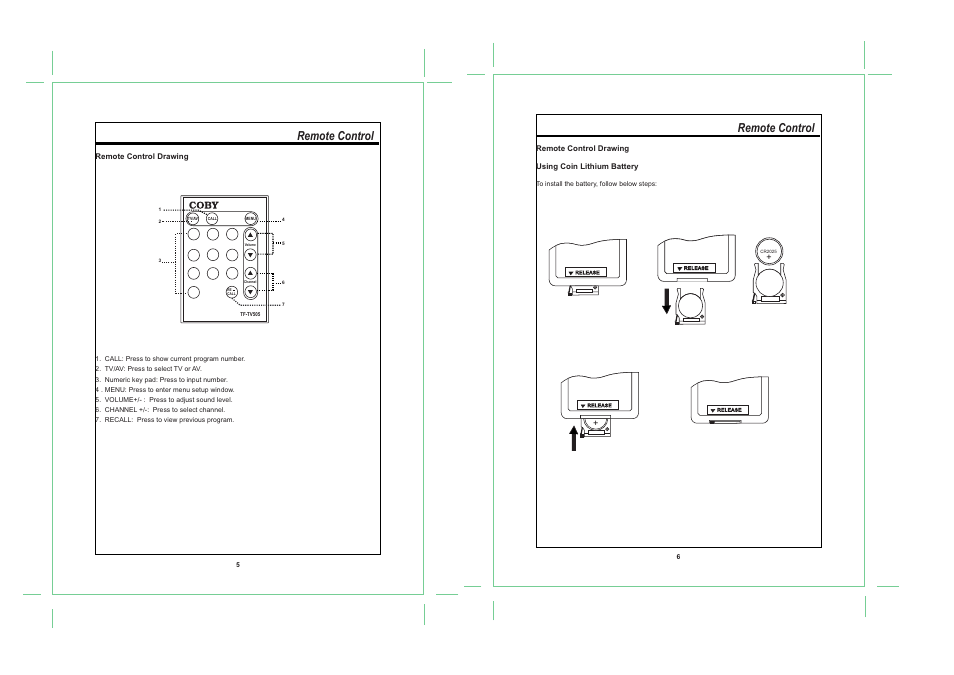 Remote control | COBY TF-TV505 User Manual | Page 5 / 10
