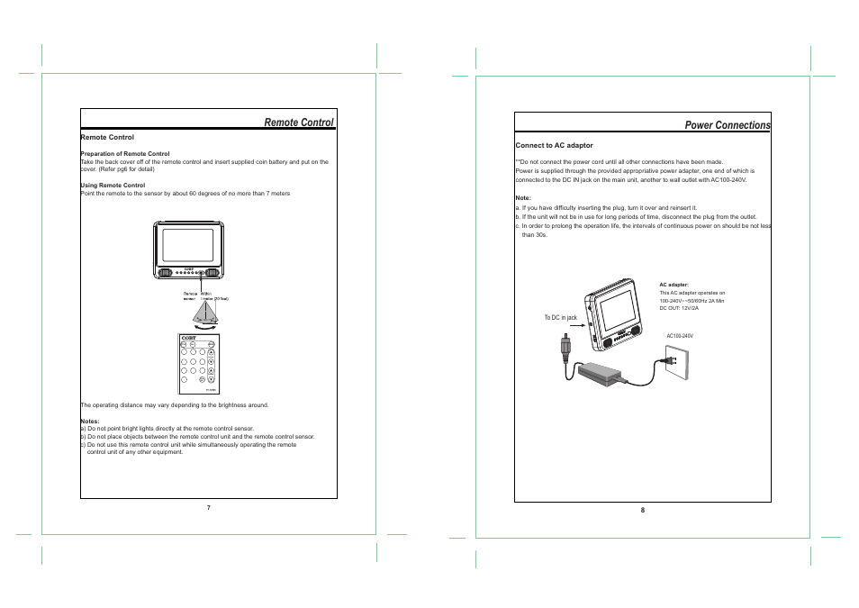 Remote control, Power connections | COBY TF-TV505 User Manual | Page 6 / 10
