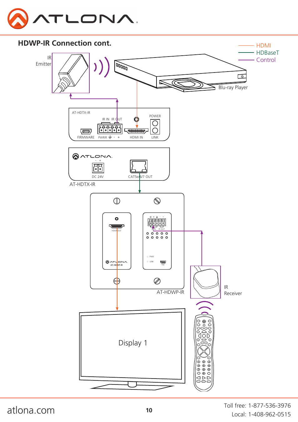 Hdwp-ir connection cont, Display 1, Hdmi hdbaset control | Atlona AT HDWP Extenders User Manual | Page 10 / 14