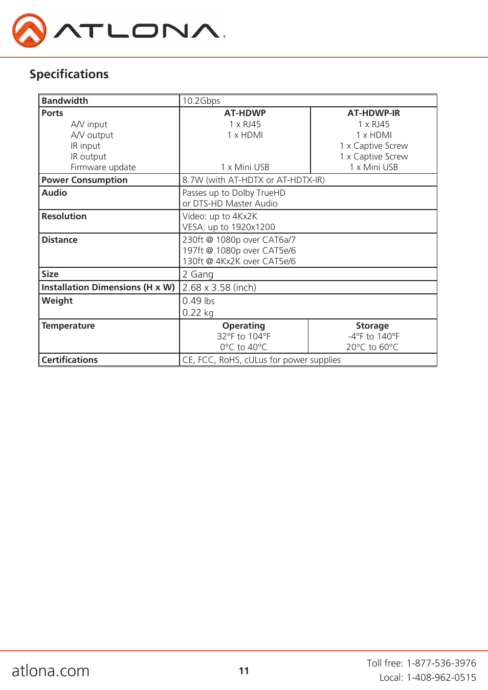 Specifications | Atlona AT HDWP Extenders User Manual | Page 11 / 14