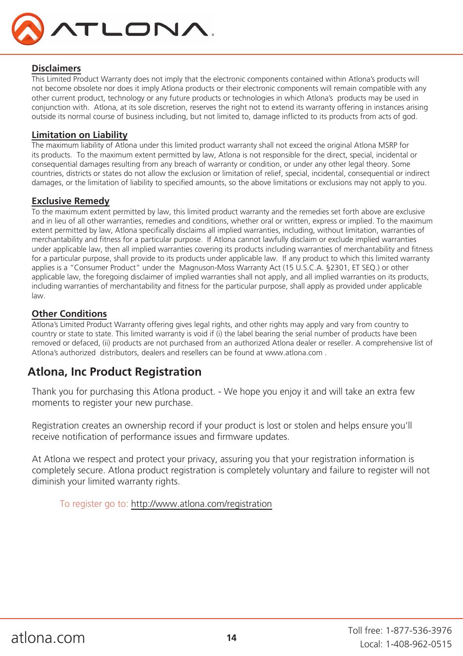 Atlona, inc product registration | Atlona AT HDWP Extenders User Manual | Page 14 / 14