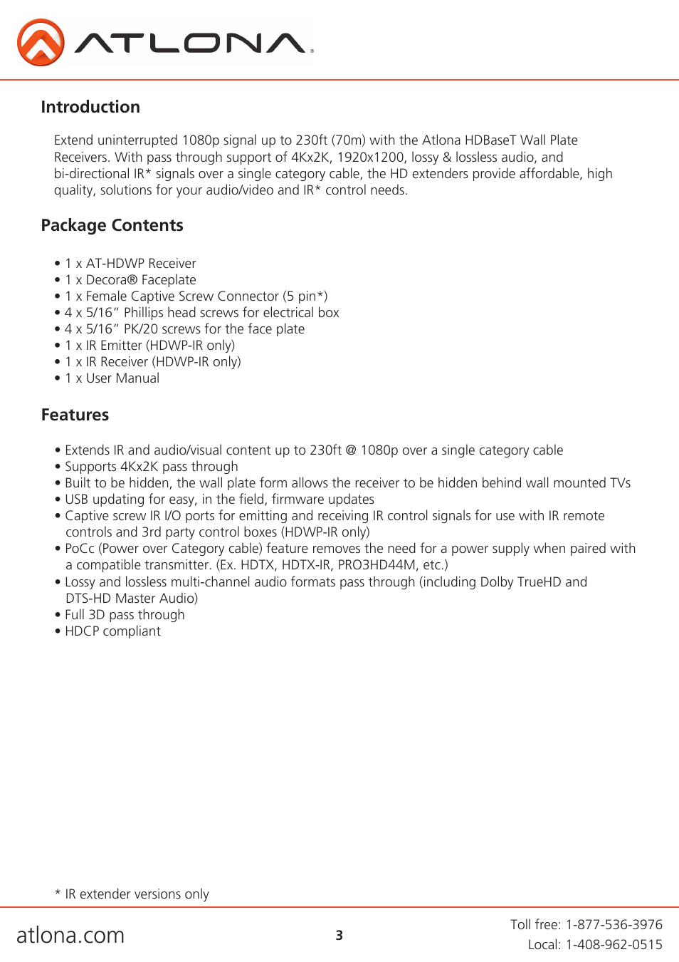 Atlona AT HDWP Extenders User Manual | Page 3 / 14