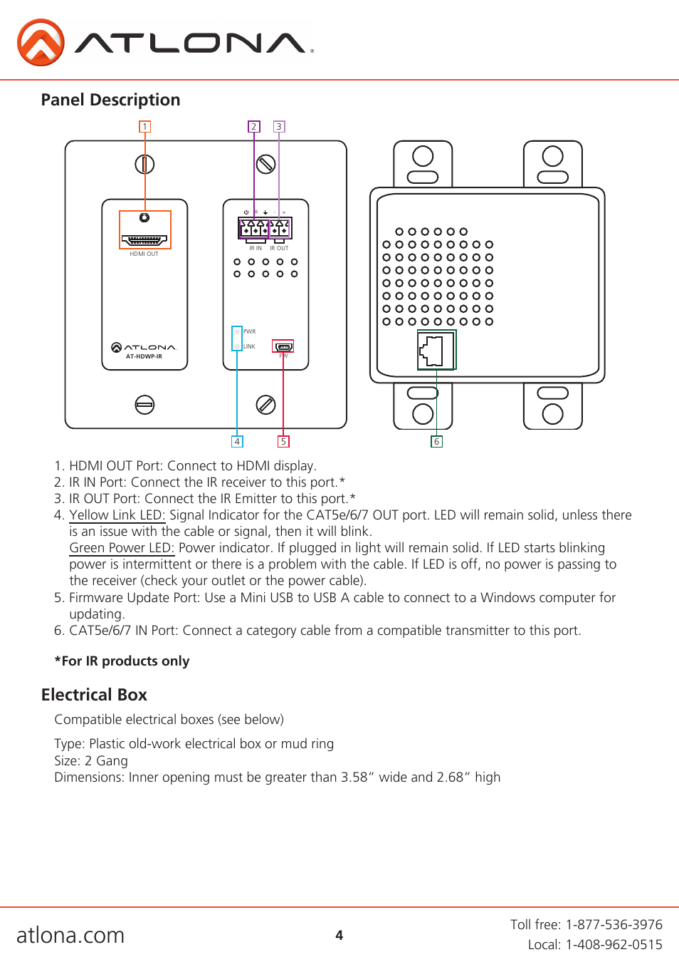 Electrical box, Panel description, For ir products only | Atlona AT HDWP Extenders User Manual | Page 4 / 14