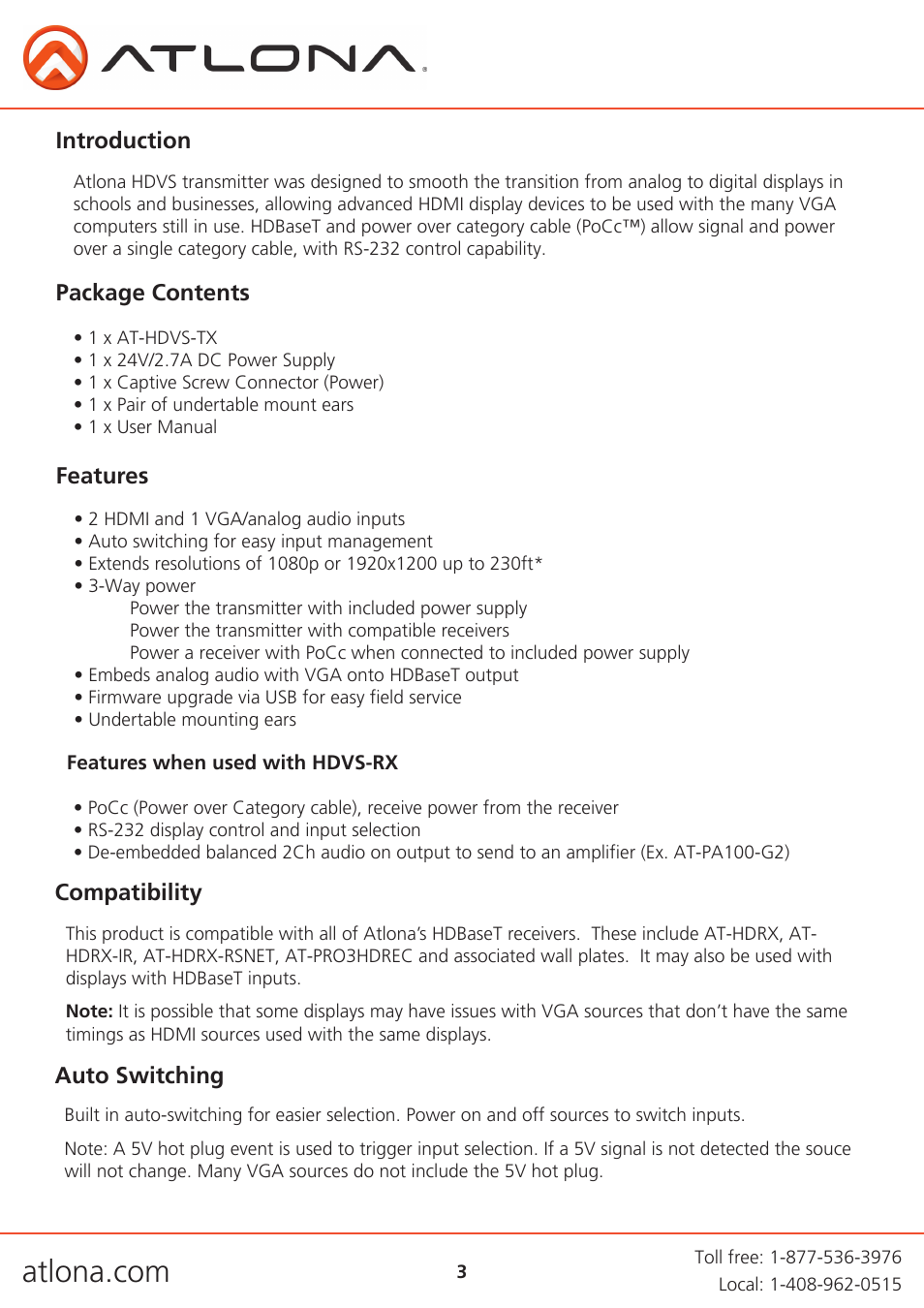 Atlona AT HDVS TX User Manual | Page 3 / 11