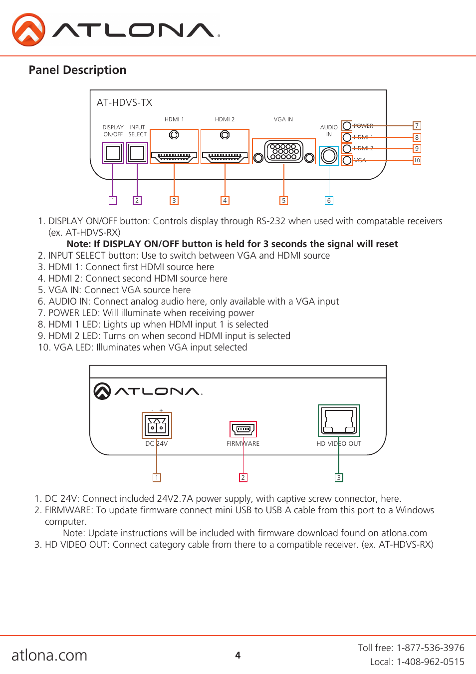 Panel description, At-hdvs-tx | Atlona AT HDVS TX User Manual | Page 4 / 11