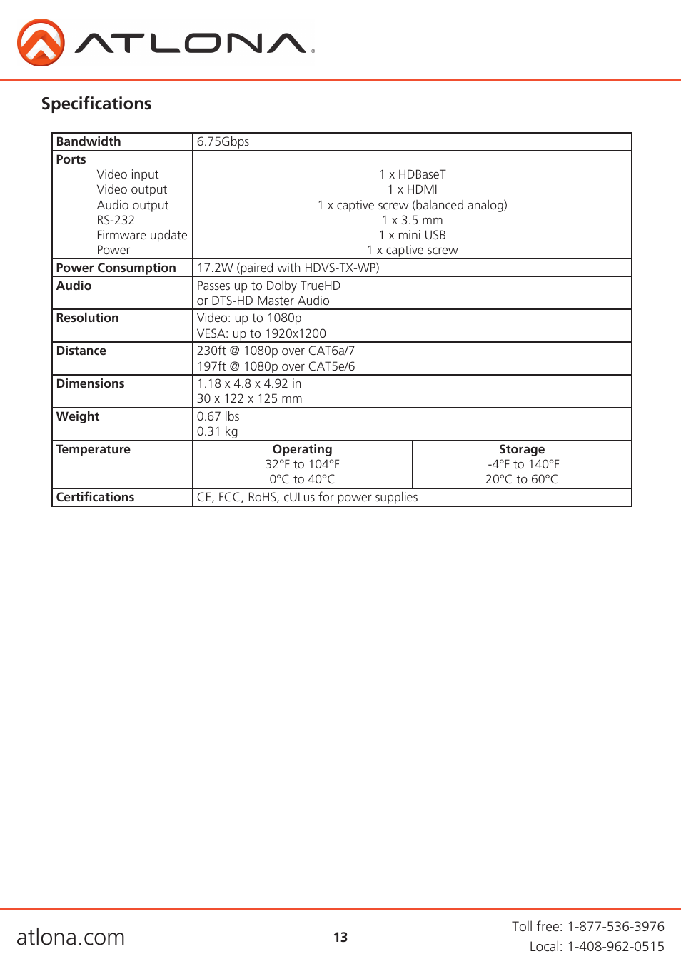 Specifications | Atlona AT HDVS RX User Manual | Page 13 / 16