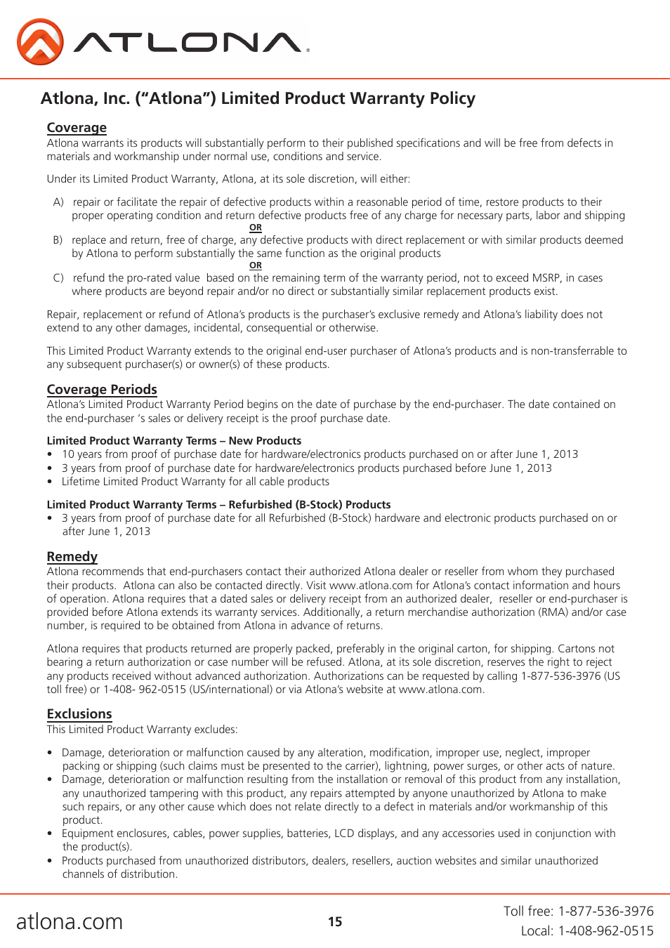 Atlona AT HDVS RX User Manual | Page 15 / 16