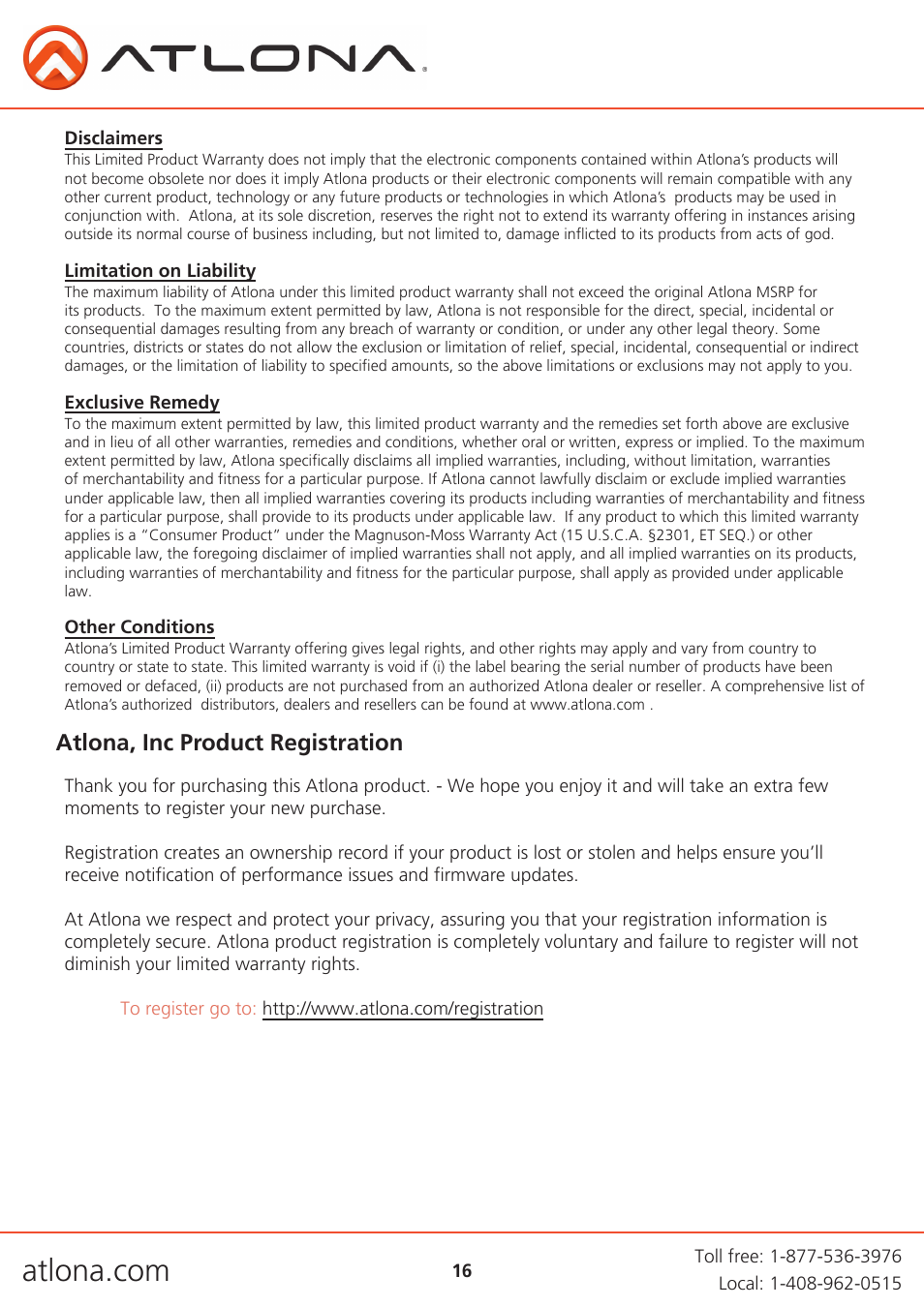 Atlona, inc product registration | Atlona AT HDVS RX User Manual | Page 16 / 16