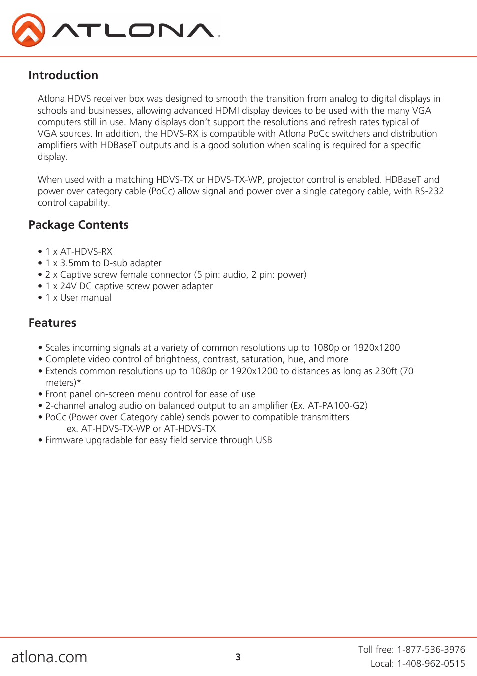 Atlona AT HDVS RX User Manual | Page 3 / 16