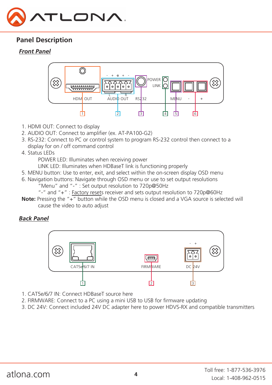 Panel description, Back panel front panel | Atlona AT HDVS RX User Manual | Page 4 / 16