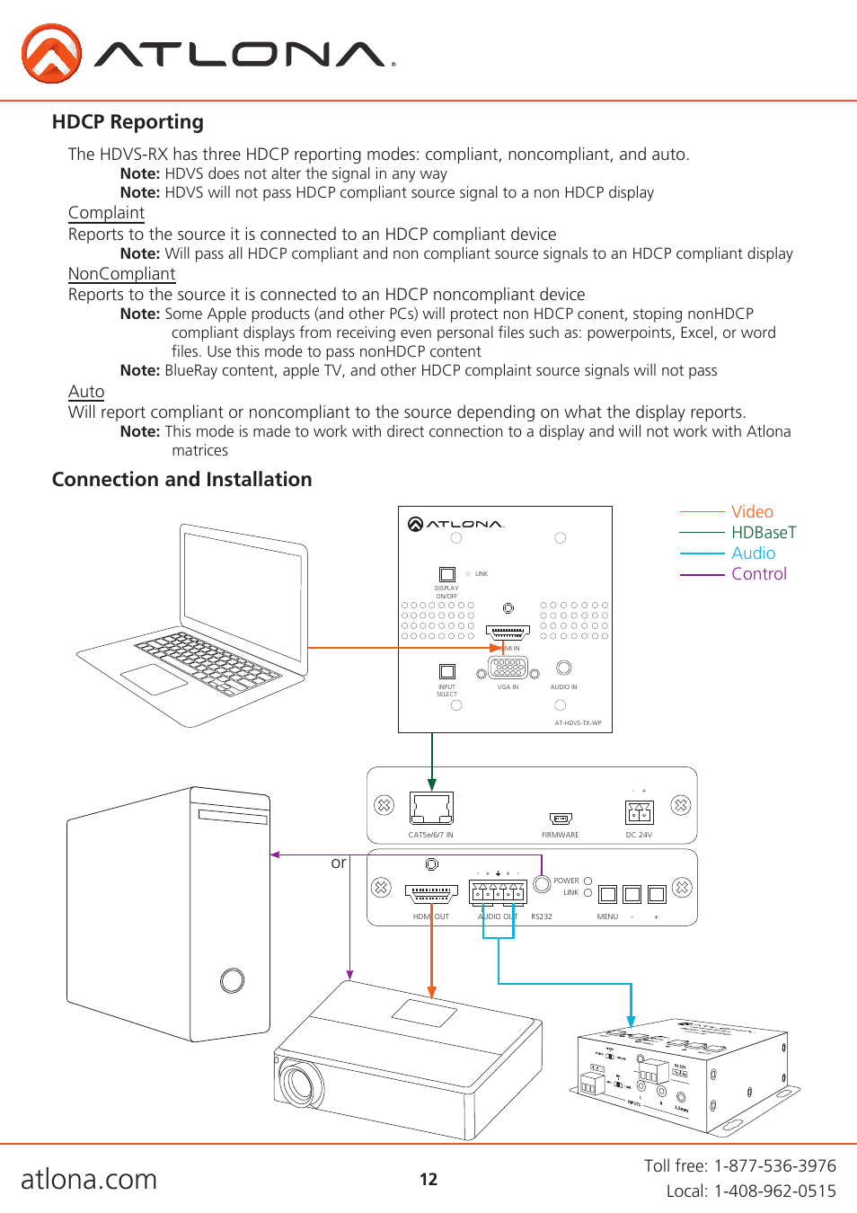 Connection and installation hdcp reporting, Video hdbaset audio control | Atlona AT HDVS RX V2 User Manual | Page 12 / 16