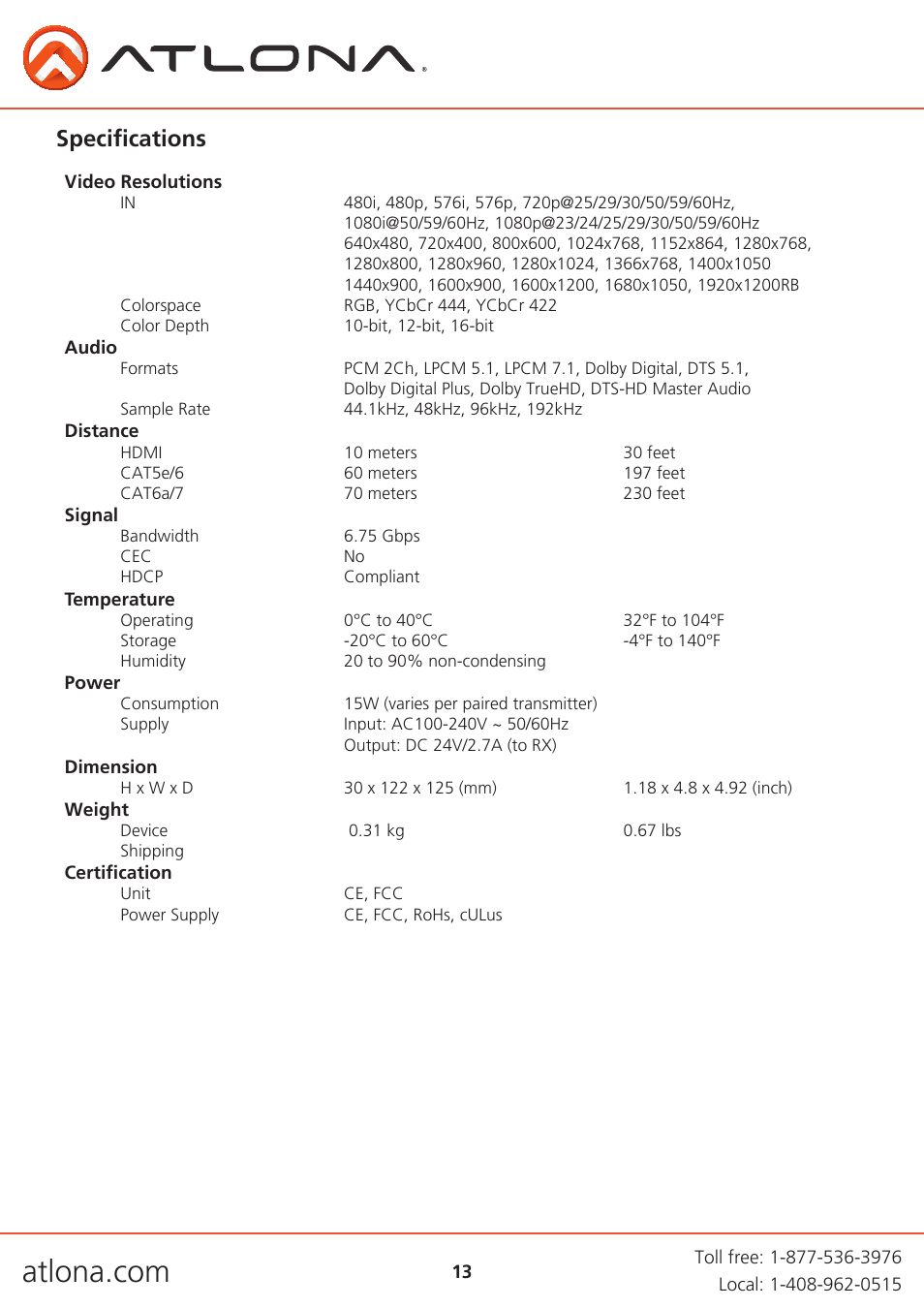 Specifications | Atlona AT HDVS RX V2 User Manual | Page 13 / 16