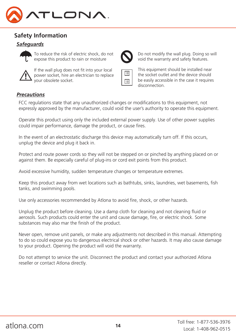 Safety information | Atlona AT HDVS RX V2 User Manual | Page 14 / 16