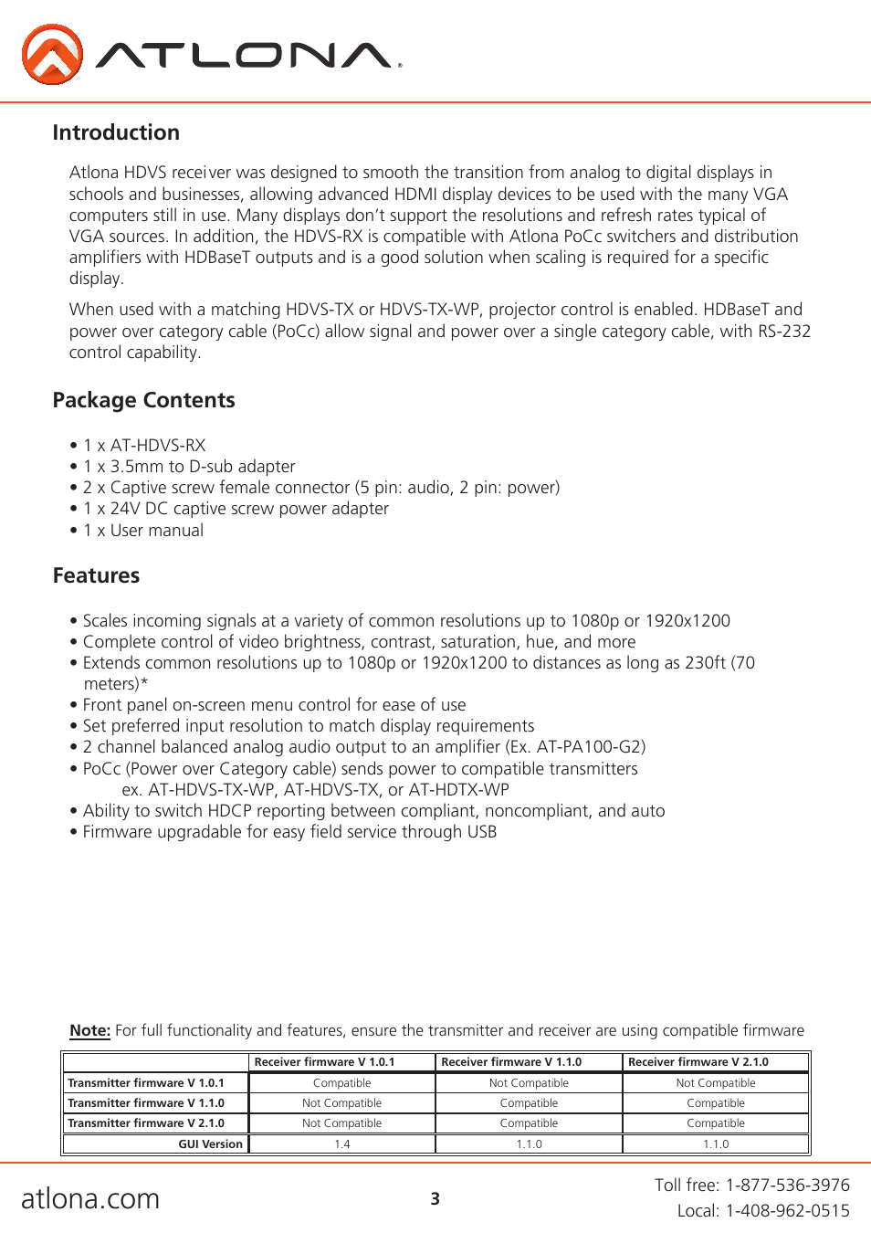 Introduction, Package contents features | Atlona AT HDVS RX V2 User Manual | Page 3 / 16