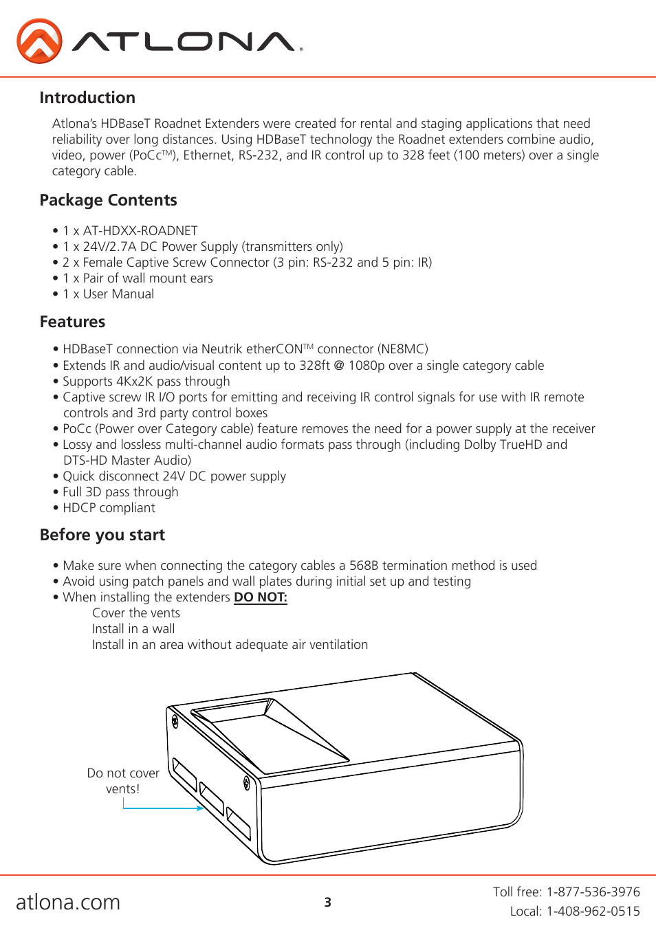 Introduction, Package contents features before you start | Atlona AT HDTXRX ROADNET User Manual | Page 3 / 10