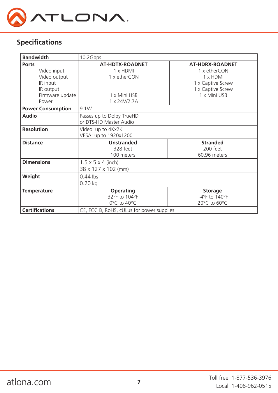 Specifications | Atlona AT HDTXRX ROADNET User Manual | Page 7 / 10