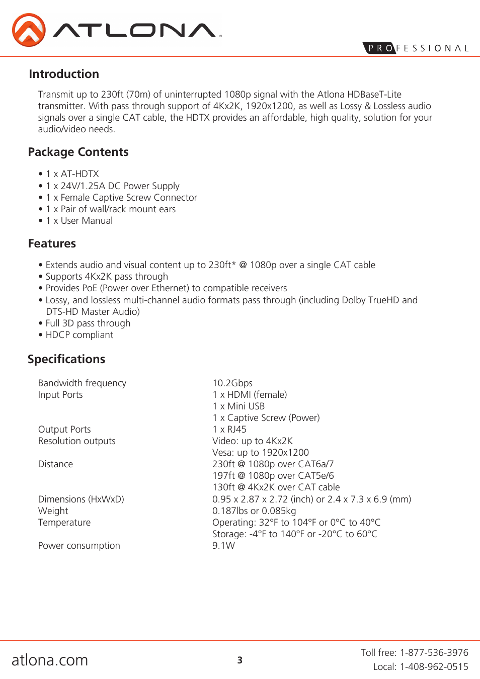 Introduction, Package contents features, Specifications | Atlona AT HDTX User Manual | Page 3 / 9