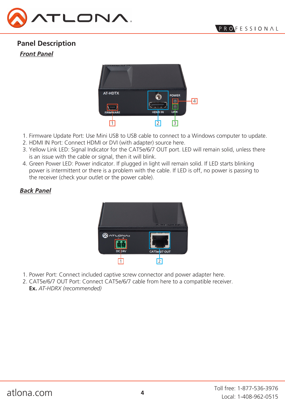 Panel description | Atlona AT HDTX User Manual | Page 4 / 9