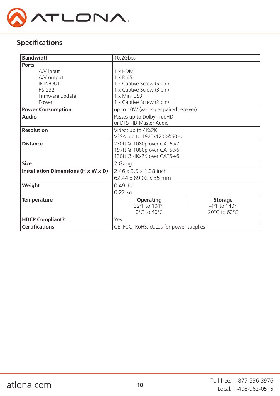 Specifications | Atlona AT HDTX WP User Manual | Page 10 / 13